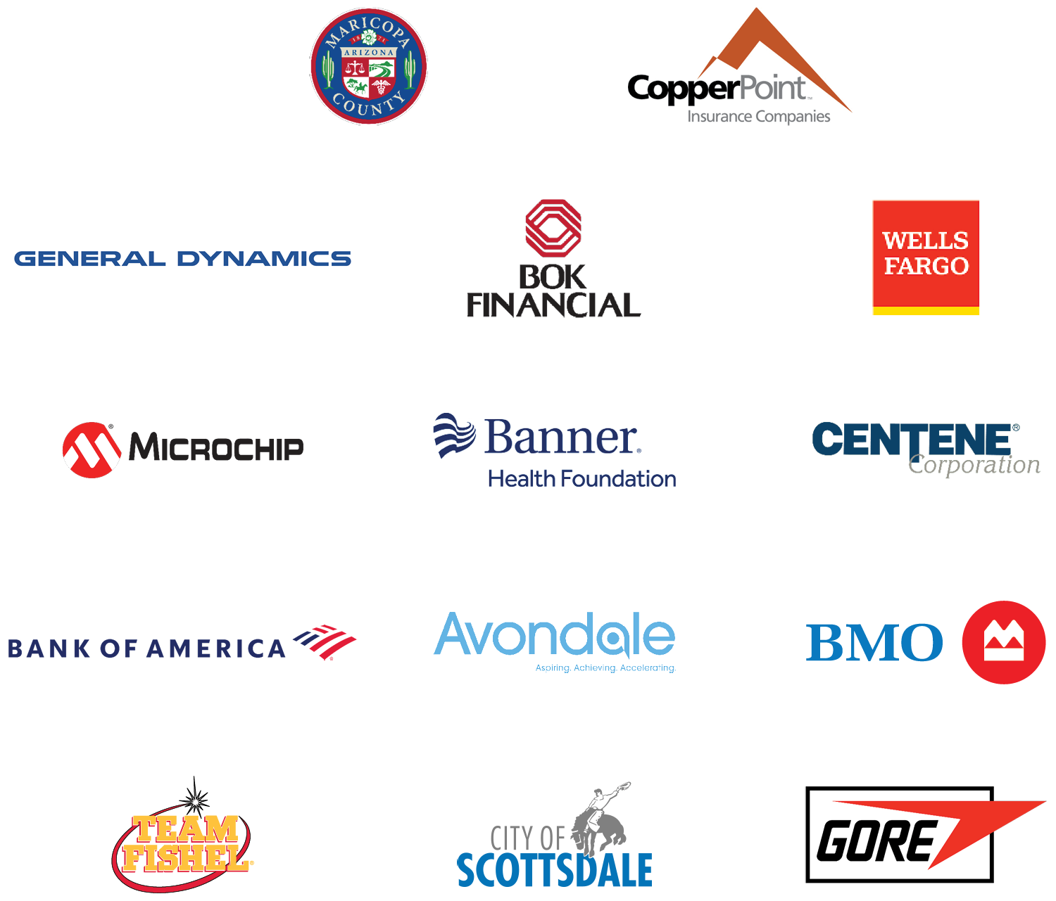 Maricopa County | Copper Point Insurance Companies | General Dynamics | BOK Financial | Wells Fargo | Microchip | Banner Health Foundation | Centene Corporation | Bank of America | Avondale | BMO | Team Fishel | City of Scottsdale | Gore